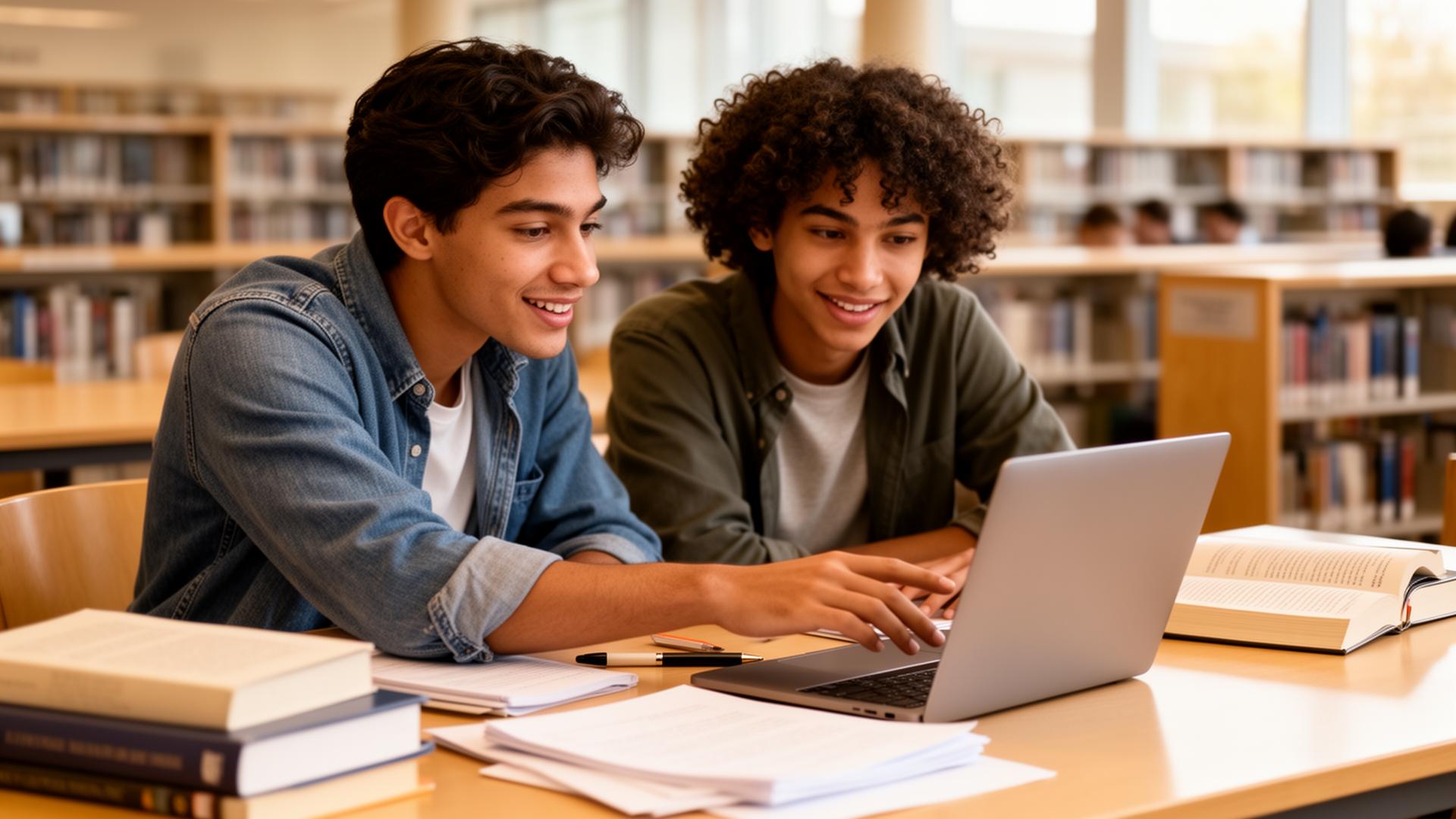 Two college students studying together, one explaining a concept on a laptop